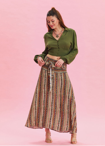 Gipe Waist Tied Khaki Patterned Long Skirt 4496